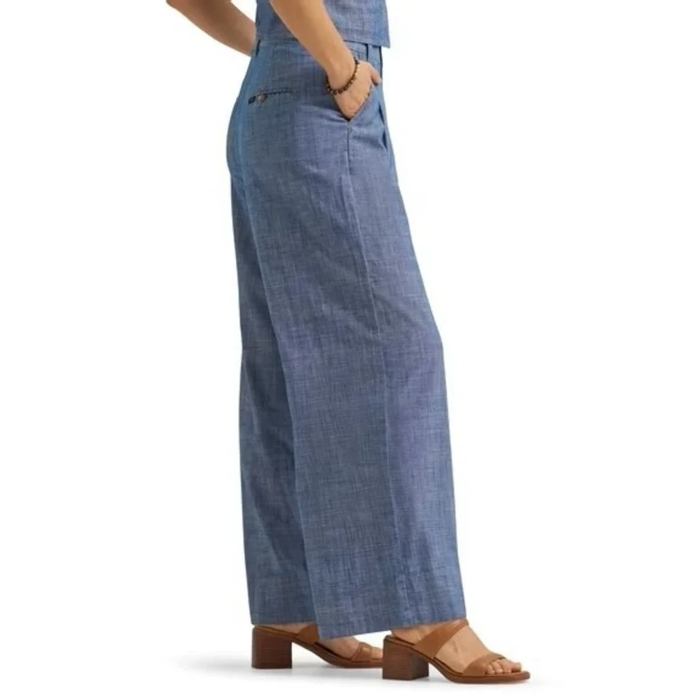 LEE Wide Leg Loose Fit Pleated Trouser Pant Sz 14 Indigo Prep Chambray Denim NWT